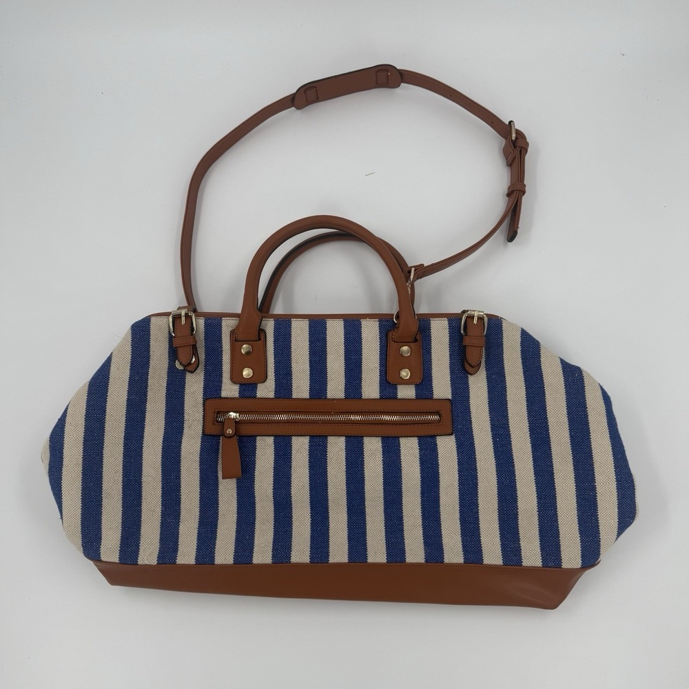 Nila Anthony Blue Stripe Canvas Weekender Bag Brown Trim Strap